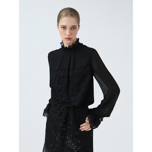 【限时秒杀】COCOBELLA精致女人味优雅多层蕾丝衫赫本风长袖衬衫LC7028-3 商品图1