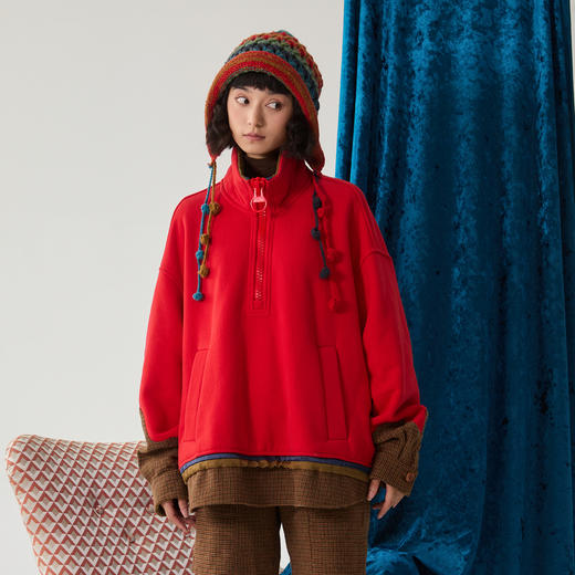 谜底大红色加绒卫衣女24冬款复古风新年红立领拼接上衣244MV1683 商品图1