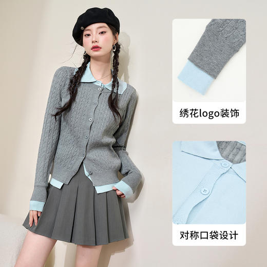 西遇短款翻领假两件上衣女新款简约通勤撞色拼接长袖D0043908 商品图2