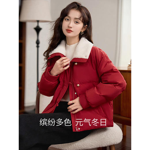 【年终特卖】熙世界红色棉服女款冬季2025新款小个子撞色翻领保暖面包棉衣外套 商品图1