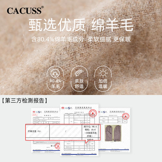 CACUSS冬季绵羊毛手套女 加绒加厚保暖纤细修长 防风防寒 食指拇指可触屏 商品图1