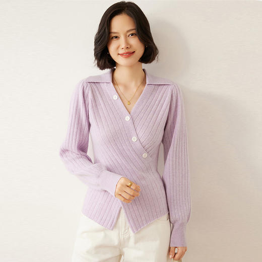 【高货QJ】全新升级【铂金会员395/天猫529/差价134】(10753) 洛诗琳设计感交叉裹身POLO领毛衣修身收腰显瘦针织羊绒衫 商品图1