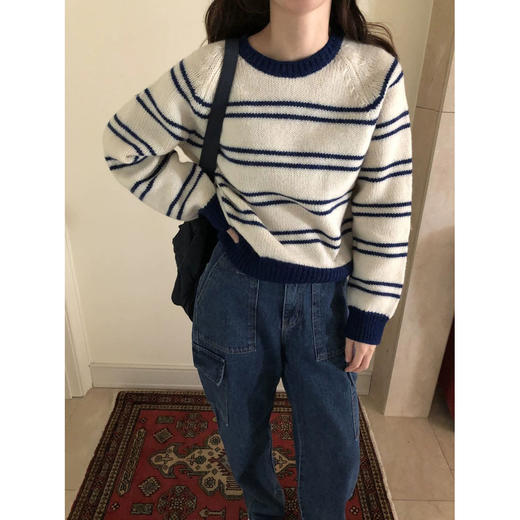 2024秋冬季新款韩国东大门清爽撞色双条纹插肩袖套头毛衣！ 商品图1