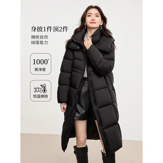 【年终特卖】熙世界女士长款面包羽绒服女冬新款立领连帽保暖白鸭绒黑色厚外套 商品图4