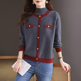 CC-15-2286半高领毛衣女秋冬内搭假两件上衣2024新款洋气拼色羊毛针织打底衫