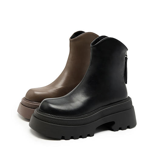 西遇厚底短靴女加绒新款冬季小踝靴黑色V口小个子增高瘦瘦靴D0047818 商品图4