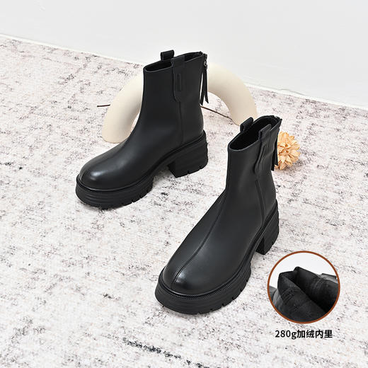 经典鲨2024年冬季新款百搭圆头加绒保暖平底后拉链短筒靴女KW385-D58021 商品图5
