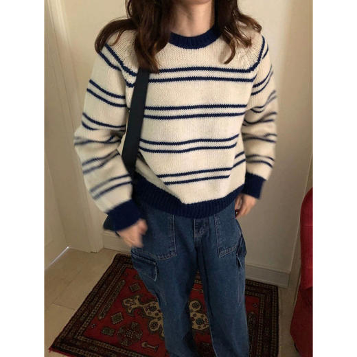 2024秋冬季新款韩国东大门清爽撞色双条纹插肩袖套头毛衣！ 商品图0