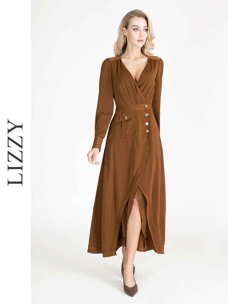 LIZZY 早秋 时尚摩登英伦风V领不规则裙摆酷飒大摆连衣裙7712