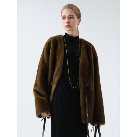 COCOBELLA高奢原色仿貂绒环保皮草外套PU腰带短款大衣FU3003-2 商品图3