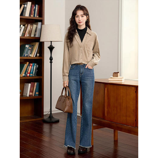 【年终特卖】熙世界假两件条纹衬衣女秋冬2025新款套头内搭半高领上衣叠穿衬衫 商品图3