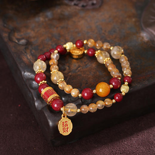 【钱途无忧】灵机生活馆 五路财shen手链水晶朱砂手串金发晶 商品图2