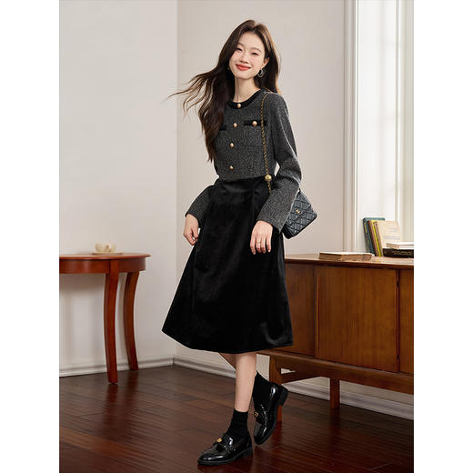 【专属特价】熙世界小香风花呢拼接丝绒连衣裙女秋冬季法式复古收腰假两件裙子 商品图4