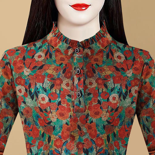 SMZ32585 打底衫女妈妈内搭印花上衣2024冬季新款立领气质百搭长袖加厚小衫 商品图2