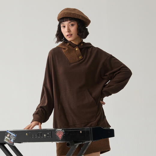 谜底连帽卫衣女2024冬季新品复古风拼接格子中长款宽松244MV1650 商品图0