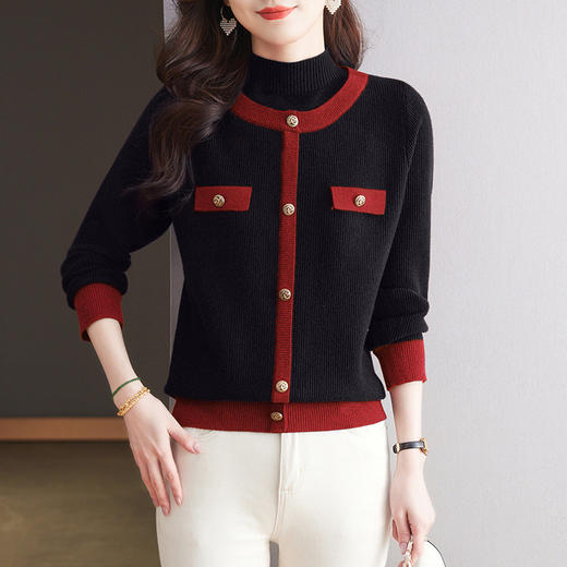 CC-15-2286半高领毛衣女秋冬内搭假两件上衣2024新款洋气拼色羊毛针织打底衫 商品图2
