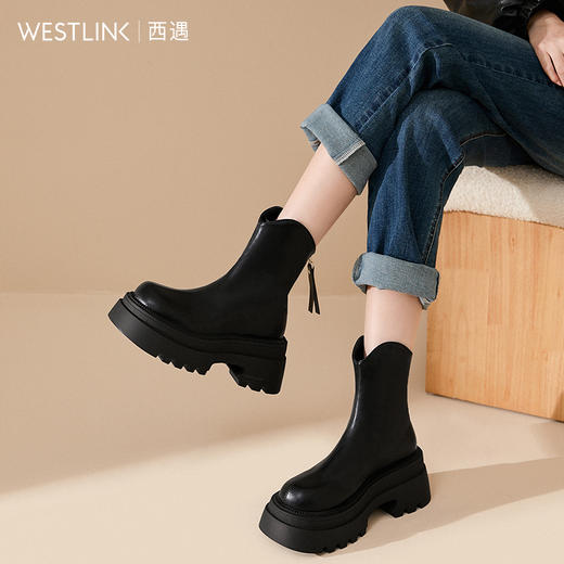 西遇厚底短靴女加绒新款冬季小踝靴黑色V口小个子增高瘦瘦靴D0047818 商品图2