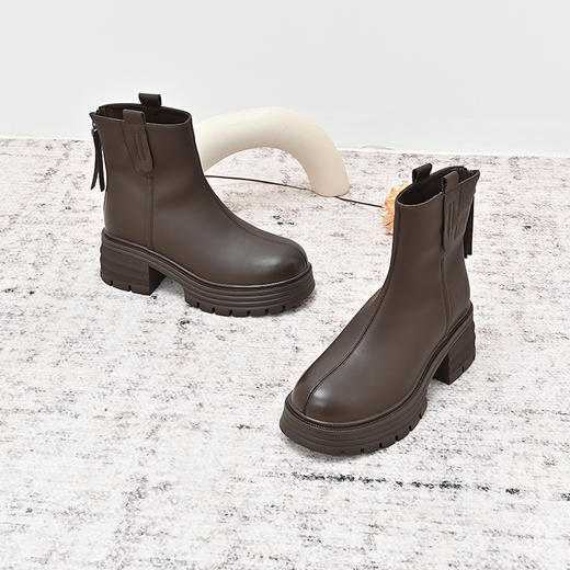 经典鲨2024年冬季新款百搭圆头加绒保暖平底后拉链短筒靴女KW385-D58021 商品图6