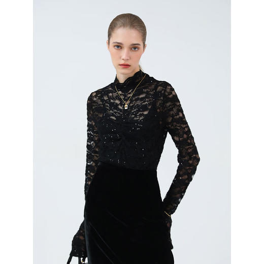 COCOBELLA精致女人味亮片植绒蕾丝衫半高领优雅打底衫LC7027-2 商品图2