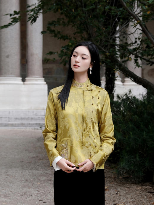 东方境X郭培| 芥末黄刺绣提花新中式上衣 商品图6