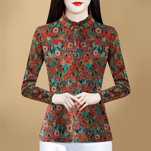 SMZ32585 打底衫女妈妈内搭印花上衣2024冬季新款立领气质百搭长袖加厚小衫 商品图3