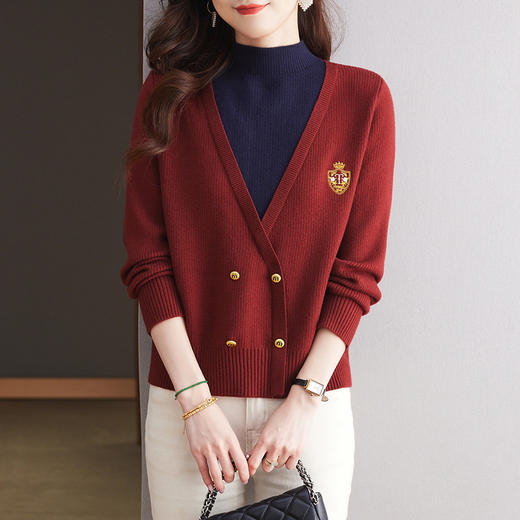 CC-15-2285安哥拉红色假两件针织衫女冬2024新款时尚半高领毛衣内搭打底上衣 商品图0