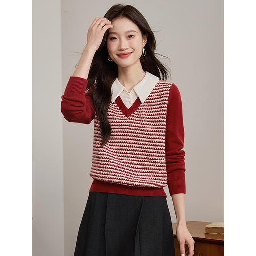 【专属特价】熙世界衬衫领拼接假两件条纹针织衫女设计感打底毛衣2025秋冬新款 商品图2