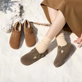 西遇厚底勃肯鞋女加绒新款冬季超火外穿一脚蹬博肯雪地鞋棉鞋V4147864