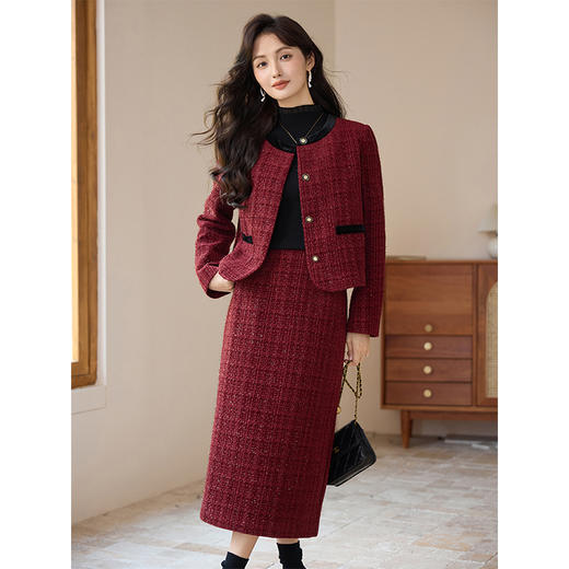 【专属特惠】熙世界红色小香风套装女秋冬季名媛气质粗花呢短外套半身裙两件套 商品图0