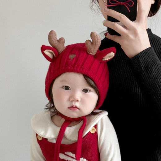 【新款宝宝韩版帽子，萌趣鹿角造型】宝宝韩版帽子 冬天毛线帽 可爱鹿角针织护耳帽 婴幼儿加厚保暖套头帽-QQ 商品图0