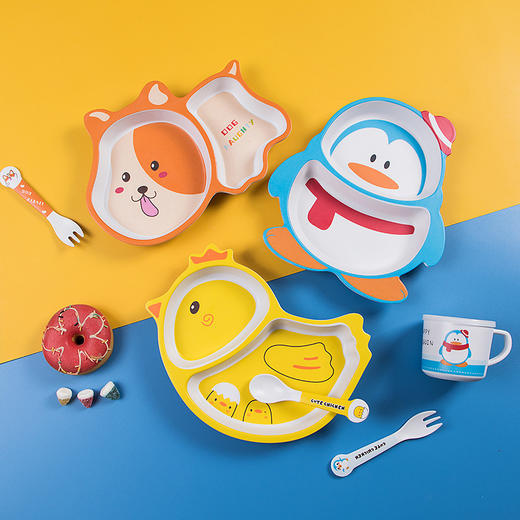 【竹纤维儿童餐具，环保·健康·易清洗】新款卡通竹纤维儿童餐具套装 家用宝宝分格餐盘 小孩子辅食饭碗勺叉-QQ 商品图1