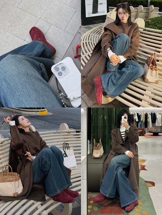 HIDEMI 系带复古做旧感进口磨毛牛反绒牛皮中帮方头内增高式踝靴短靴 卡其米/勃艮第酒红 商品图4