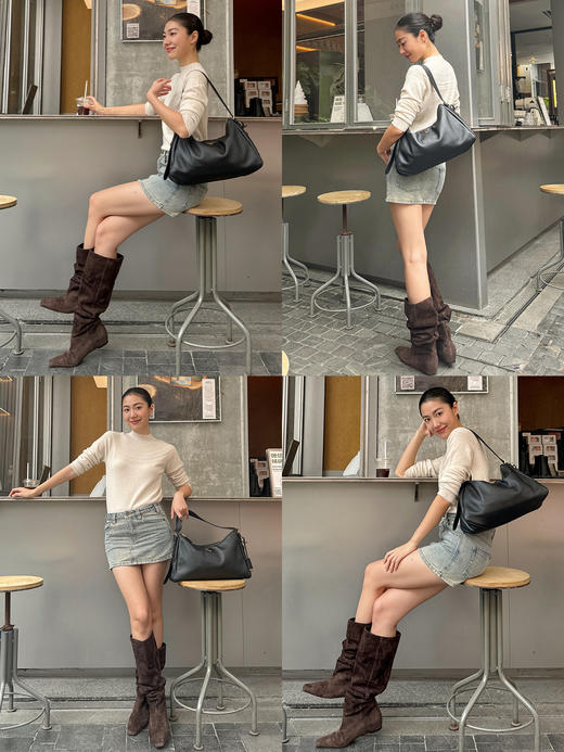 HIDEMI 【张小斐同款】进口牛皮经典方尖头内增高堆堆感显瘦长靴马靴 黑色牛皮|棕色麂皮 商品图5