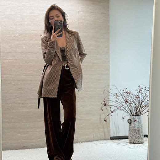 【顺丰包邮】99526 洛诗琳秋冬时髦复古优雅系带西装丝绒长裤套装394 商品图0