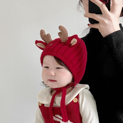 【新款宝宝韩版帽子，萌趣鹿角造型】宝宝韩版帽子 冬天毛线帽 可爱鹿角针织护耳帽 婴幼儿加厚保暖套头帽-QQ 商品图1