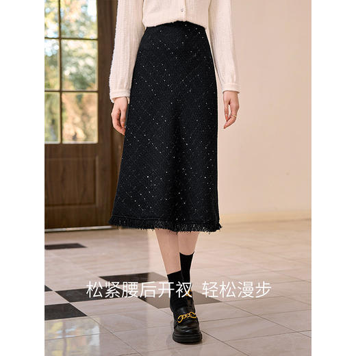 【年终特卖】熙世界黑色小香风粗花呢半身裙女秋冬新款亮片毛呢a字包臀直筒裙 商品图2