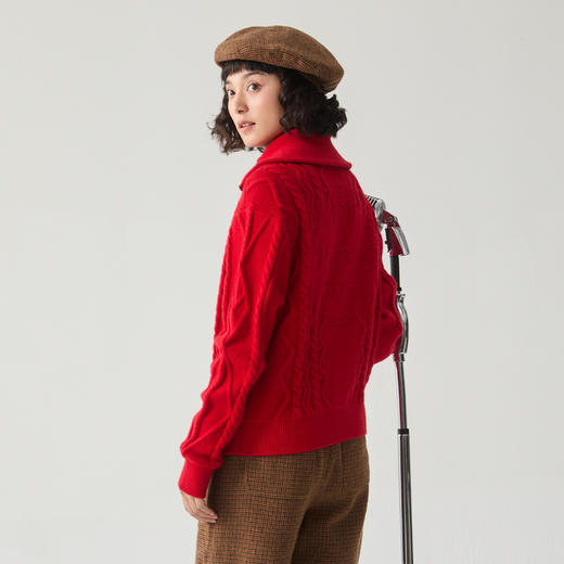 谜底红色毛衣女2024冬新品新年红拉链门襟短款针织开衫244MZ1942 商品图2