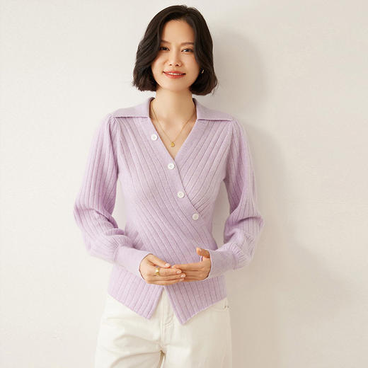 【高货QJ】全新升级【铂金会员395/天猫529/差价134】(10753) 洛诗琳设计感交叉裹身POLO领毛衣修身收腰显瘦针织羊绒衫 商品图2