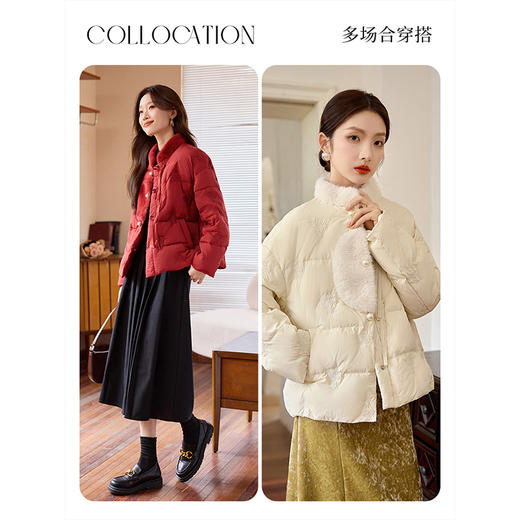 【年终特卖】熙世界新中式羽绒服女冬装2025新款国风刺绣毛领90白鸭绒短款外套 商品图4