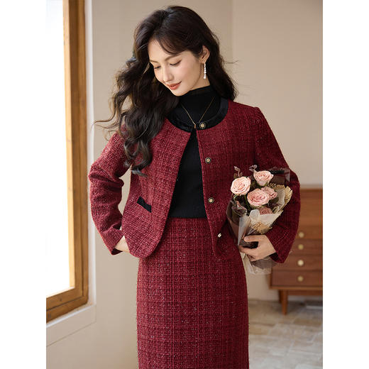 【专属特惠】熙世界红色小香风套装女秋冬季名媛气质粗花呢短外套半身裙两件套 商品图1