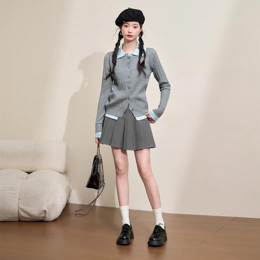 西遇短款翻领假两件上衣女新款简约通勤撞色拼接长袖D0043908 商品图1