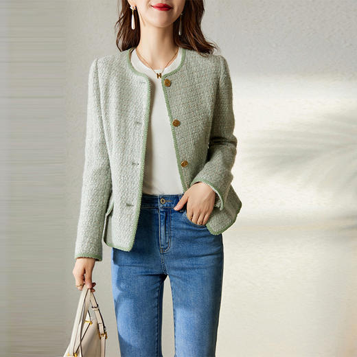 【高货ay】全新升级【铂金会员367/天猫499/差价132】(13514) 洛诗琳秋冬羊毛牛油果绿2024新款粗花呢小香风外套女 商品图1