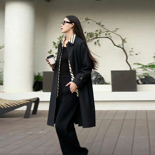 【顺丰包邮】33908 洛诗琳轻奢高级感黑色匹马棉长款翻领风衣女9521 商品图1