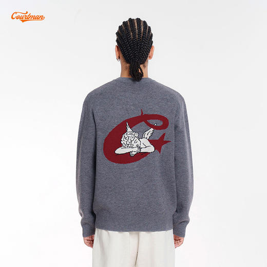 COURTMAN野球帝 美式复古篮球梦灰色毛衣圆领套头上衣宽松针织衫 商品图4