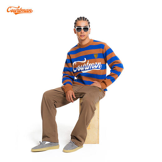 COURTMAN野球帝 美式复古上衣徽章字母条纹圆领毛衣宽松针织衫男 商品图2