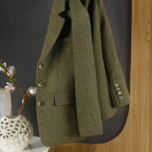 100%羊毛西装外套高质感人字纹复古粗花呢春秋季新款绿色短款女装 商品图2