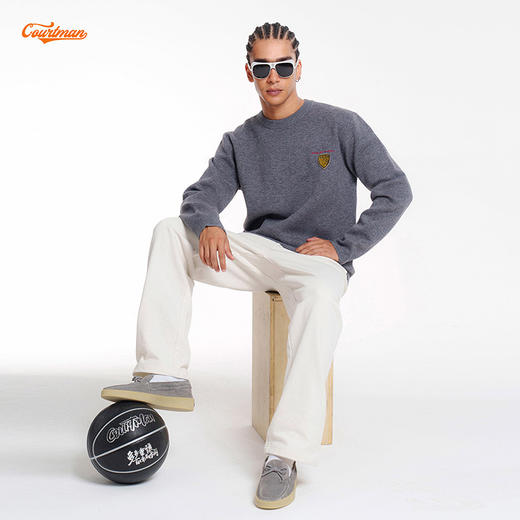COURTMAN野球帝 美式复古篮球梦灰色毛衣圆领套头上衣宽松针织衫 商品图2