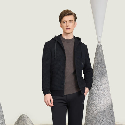 半身缘男装 冬季羊毛莫代尔加棉针织提花休闲连帽254112M01312969 商品图0