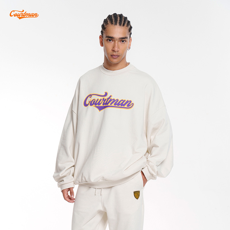 COURTMAN野球帝 美式复古logo印花长袖卫衣潮牌男女情侣套头上衣
