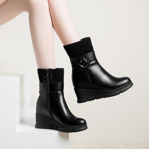 【预售5天】小个子真皮内增高加绒毛线筒短靴平底马丁靴女厚底中筒瘦瘦靴SMQ&728-6 商品图0